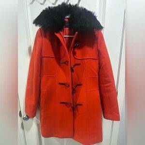 Banana Republic Fiery Red Pea Coat with Black Faux Fur Collar